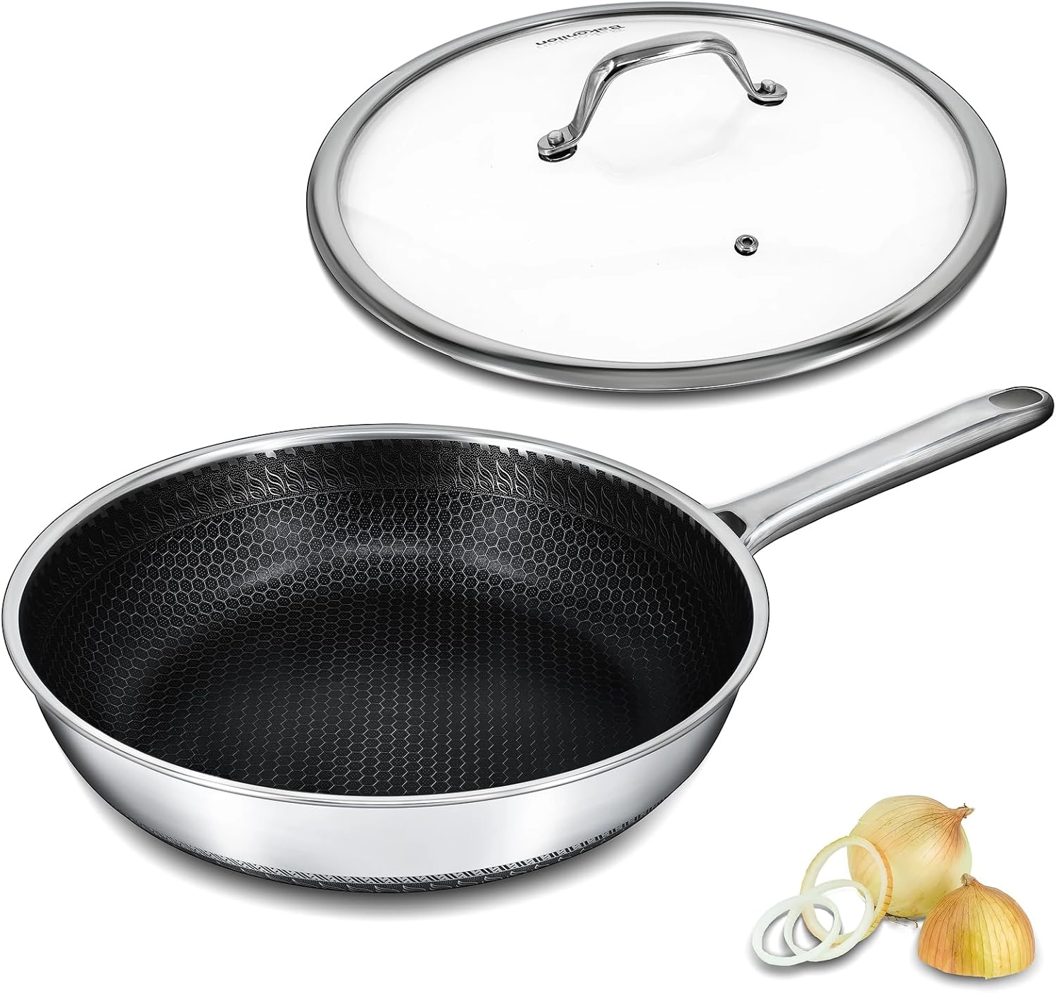 Bakoniion Hybrid Nonstick Frying Pan with Lid 12 Inch,Stainless Steel Honeycomb Pan Compatible with All Cooktops Dishwasher and Oven Safe
