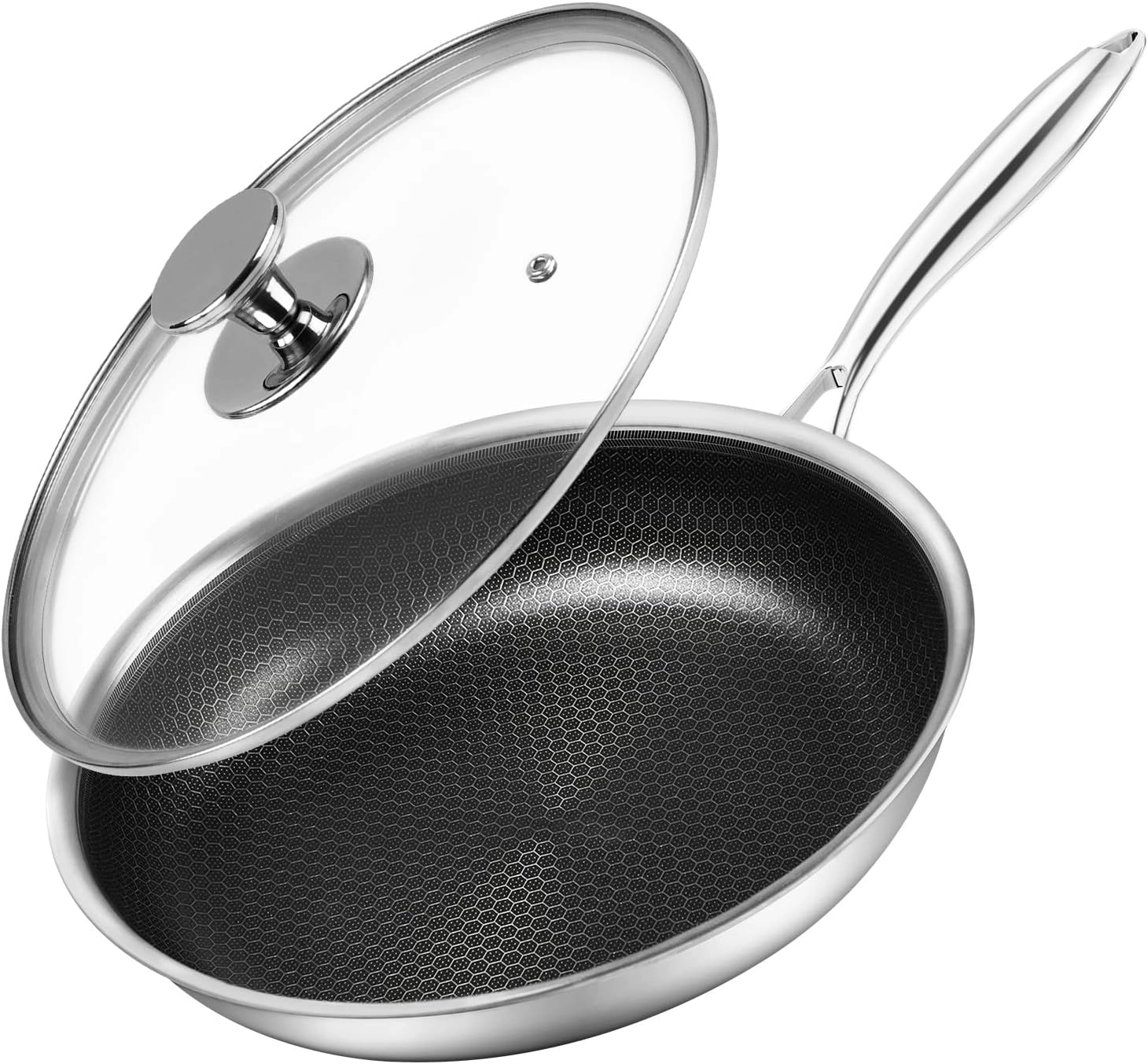 Innerwell 12 inch Tri-Ply Stainless Steel Frying Pan Nonstick Stainless Steel Frying Pan With Lid Large Honeycomb Coatings Cooking Pan Skillet Woks Pan Non Toxic Healthy Omelette Pan Compatible W/All Cooktops